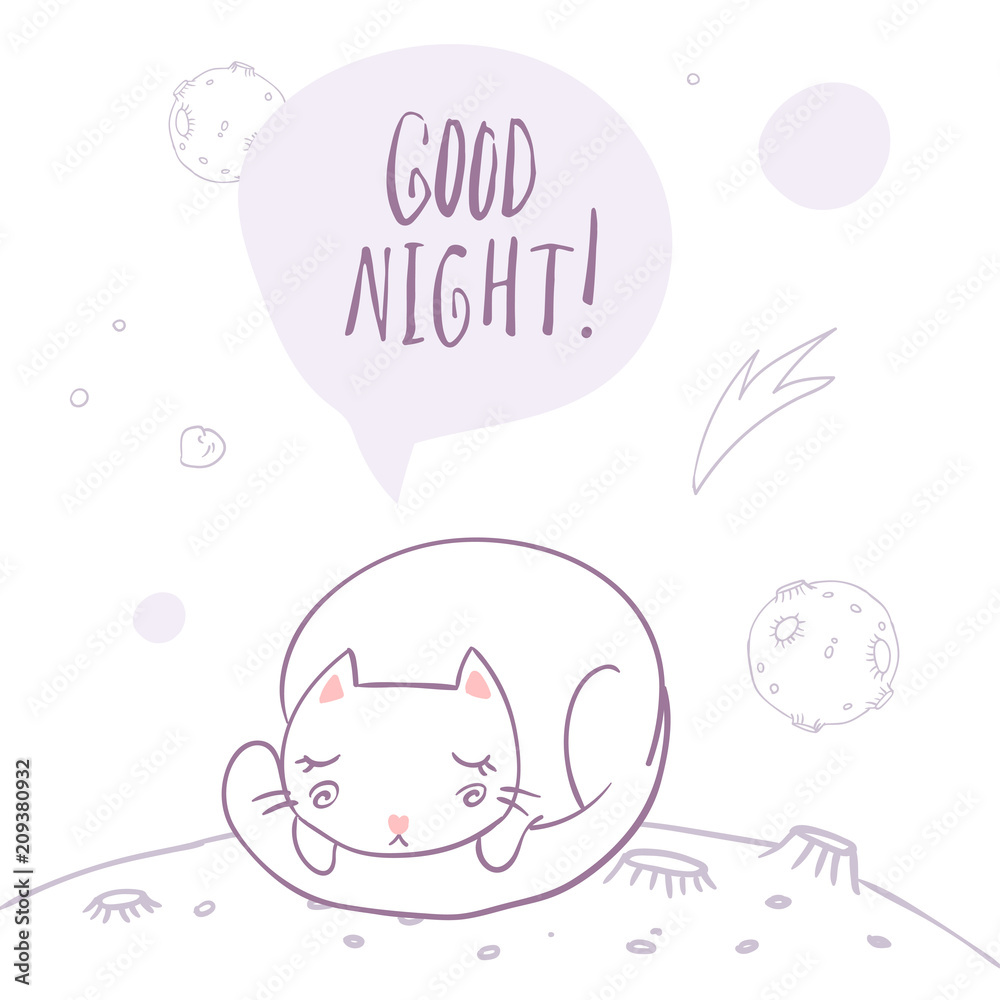 Cute cat in space sleeping surrounded by stars, planets. asteroids. Good night hand lettering. Simple sweet kids nursery illustration. Graphic design for apparel.