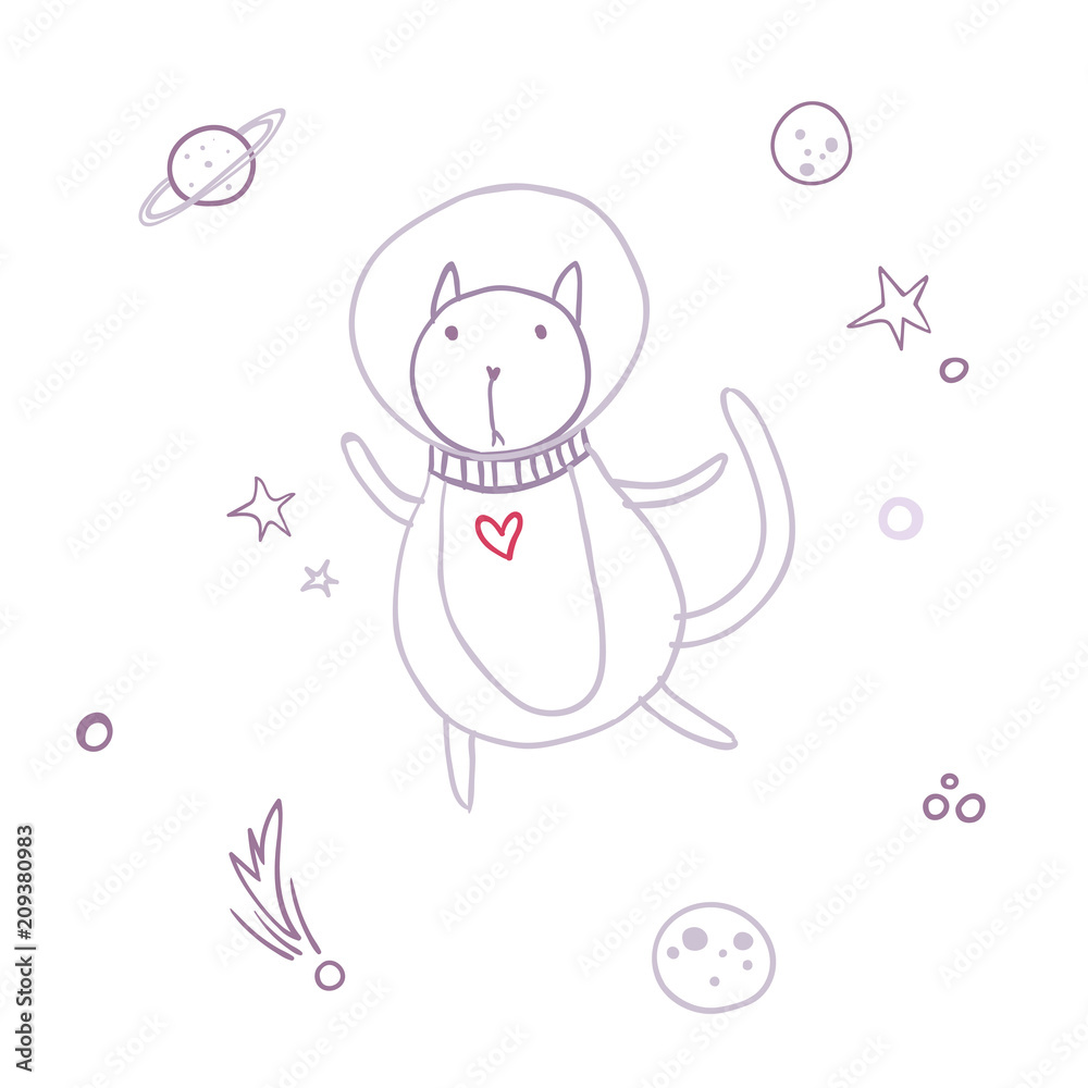 Cute cat flying in space surrounded by planets, stars, asteroids. Simple sweet kids nursery illustration. Graphic design for apparel.