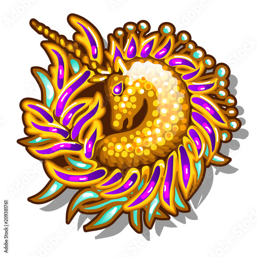 Brightly decorated jewelry in the form of brooches or pendants with a picture of a Golden unicorn isolated on white background. Vector cartoon close-up illustration.