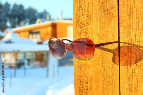 Sunglasses in the street in the winter. Background. Texture. Close-up.