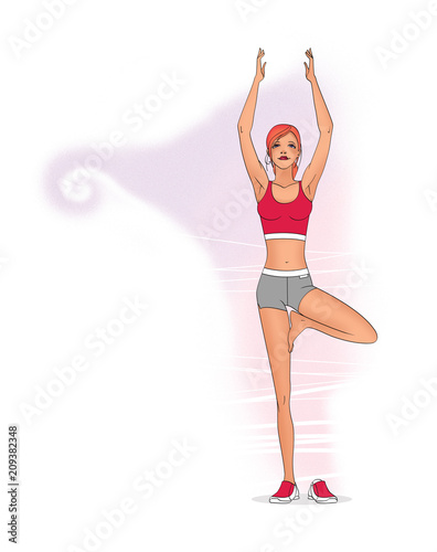 A girl in sports clothes is standing on one leg, with arms outstretched. Training of the muscles of the pelvic floor.