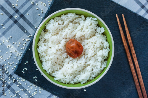 Hinomaru Japanese rice with pickled plum umeboshi photo