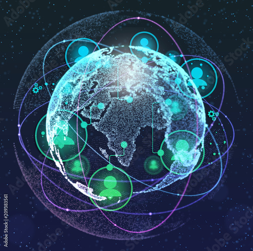 Close up of the Earth in the dark blue background and a network on top of it. Concept of globalisation. 3d illustration.