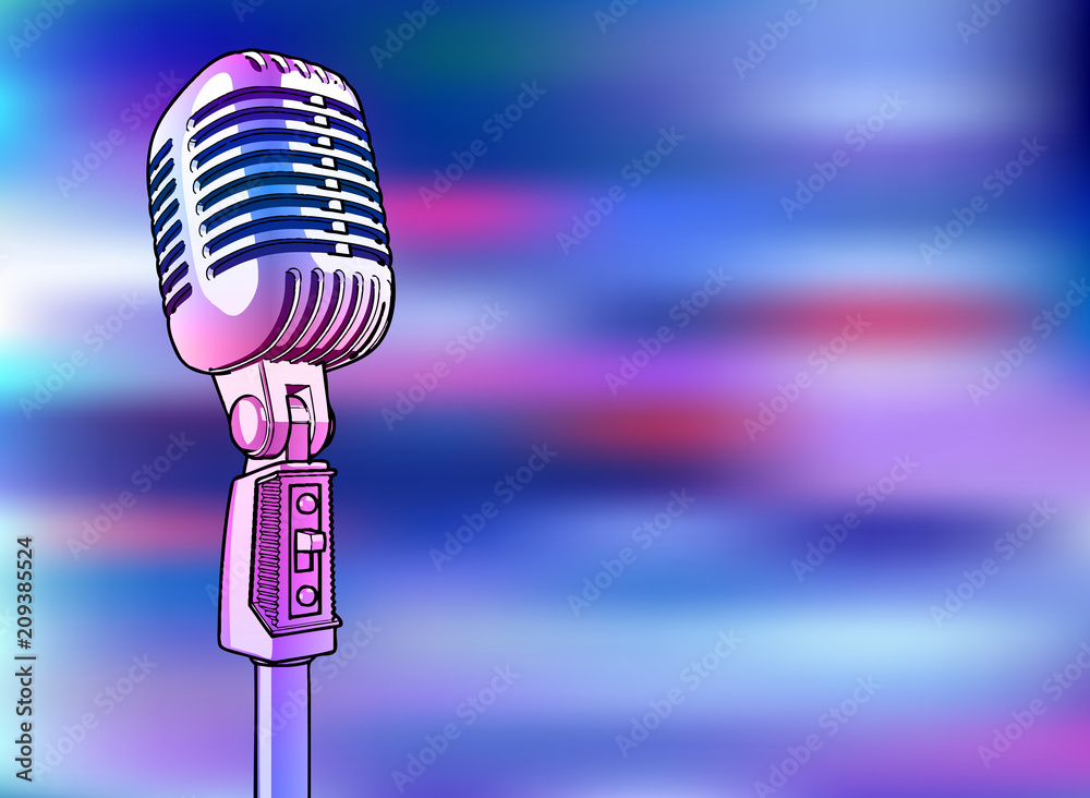 pink-blue microphone on a bright multi-colored background - vector image. A  shiny metallic microphone of pink color is surrounded by colored light  spots similar to lighting a disco, concert or stage Stock