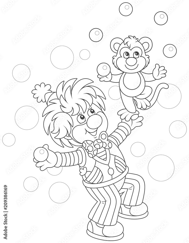Funny circus clown with his small monkey juggling with balls, black and white vector illustration in a cartoon style for a coloring book Funny circus clown with his small monkey juggling with balls, black and white vector illustration in a cartoon style for a coloring book
