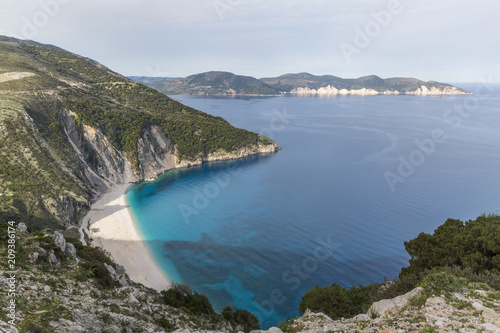 Aerial view of Myrtos beach, the best on Kefalonia island and in the whole Greece