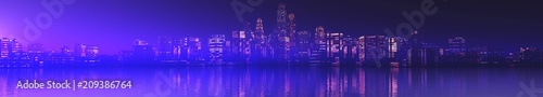 Photography panorama of a night city, a city at sunrise, a panorama of skyscrapers, 3D rende
