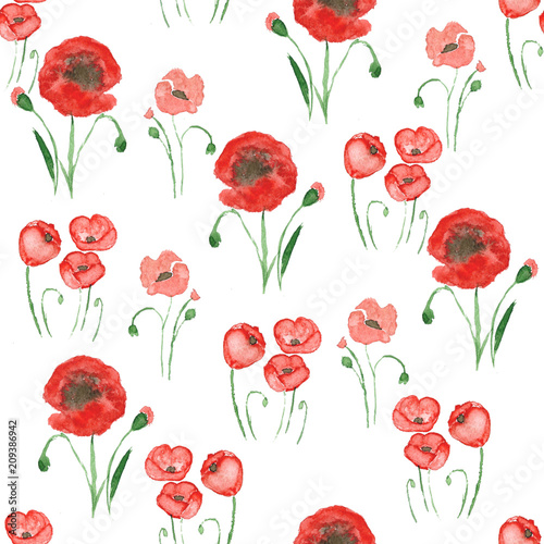 Poppy meadow seamless pattern. Cute red poppies on a white background. Beautiful floral pattern. Watercolor painting.