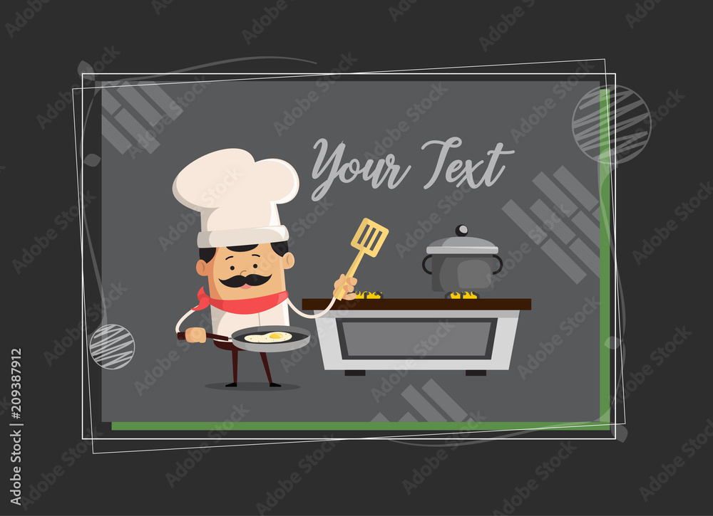 Cartoon Chef cooking in kitchen background Flat Vector Illustration