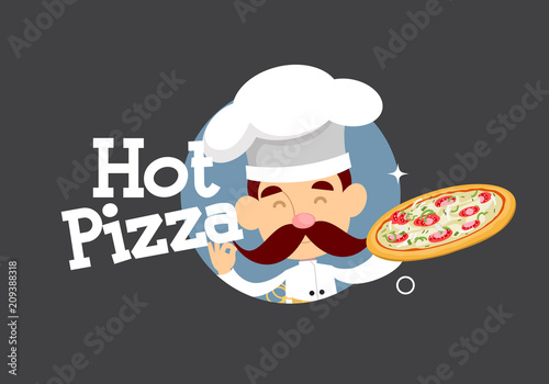Hot Pizza Mascot Cartoon Chef  Flat Vector Illustration Design