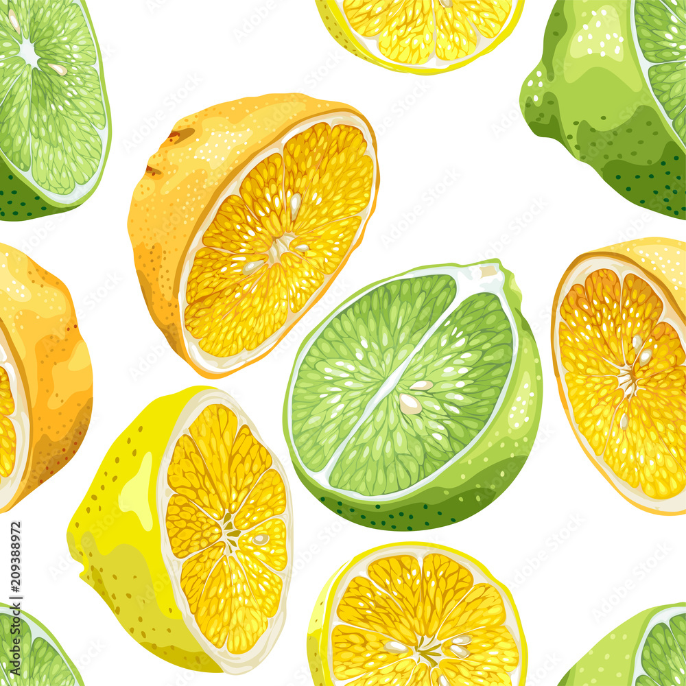 Seamless pattern with citrus tree fruits like orange, lemon and lime with seeds