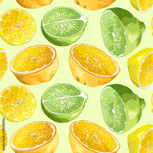 Seamless pattern with citrus tree fruits like orange, lemon and lime with seeds