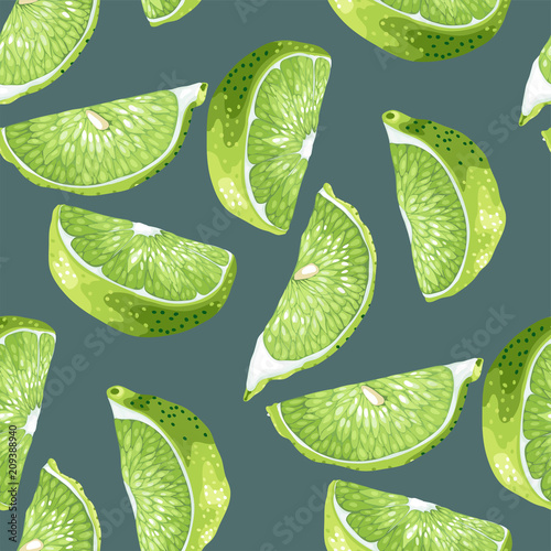 Seamless pattern in green and marine colors with lime slices