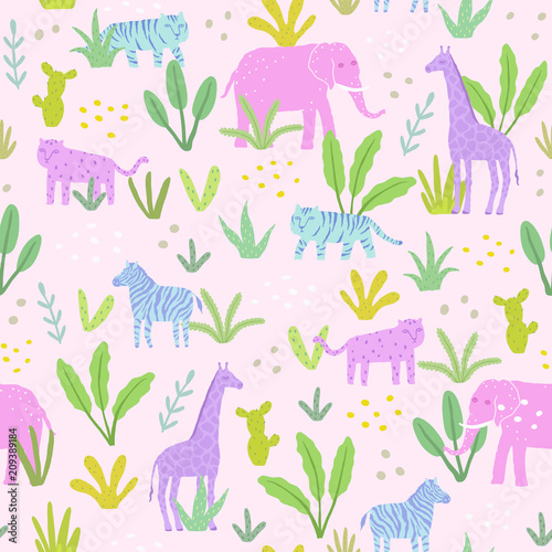 Animals in the jungle. Cute vector seamless pattern
