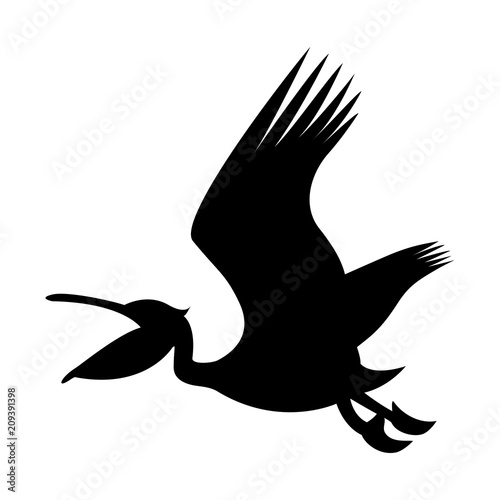 Vector image of silhouette of a pelican flying with an open beak