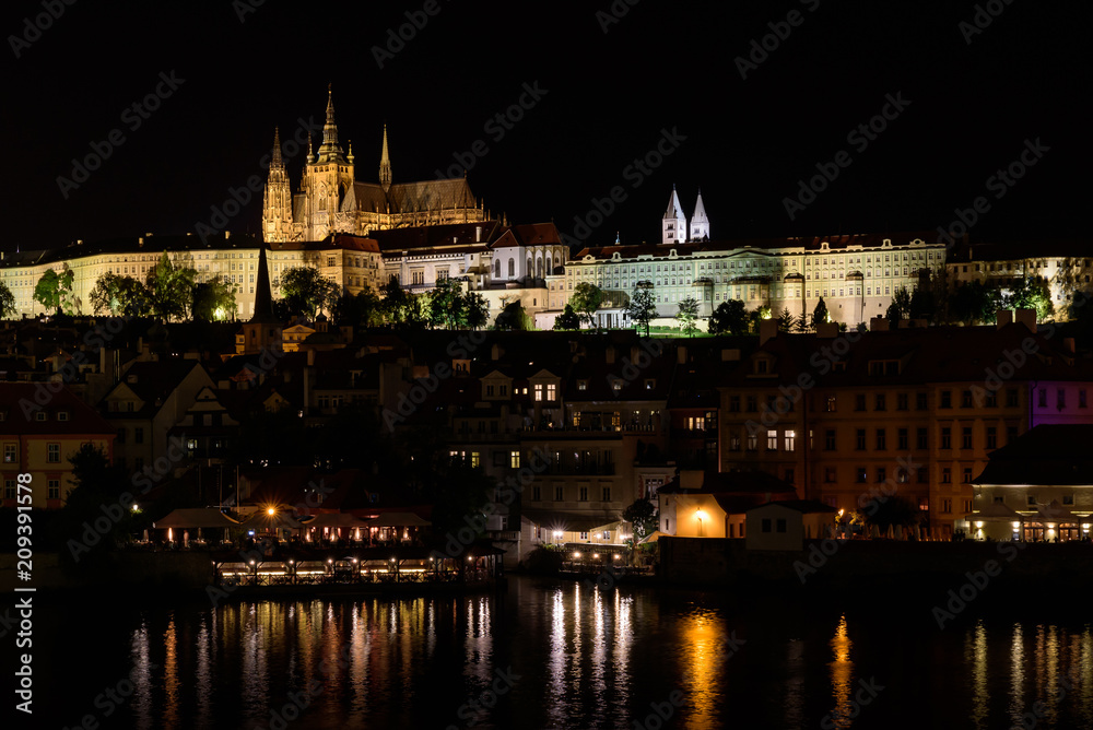 Night view from, the Vltava river in the capital of the Czech Republic, Prague, Hradcany Prague castle