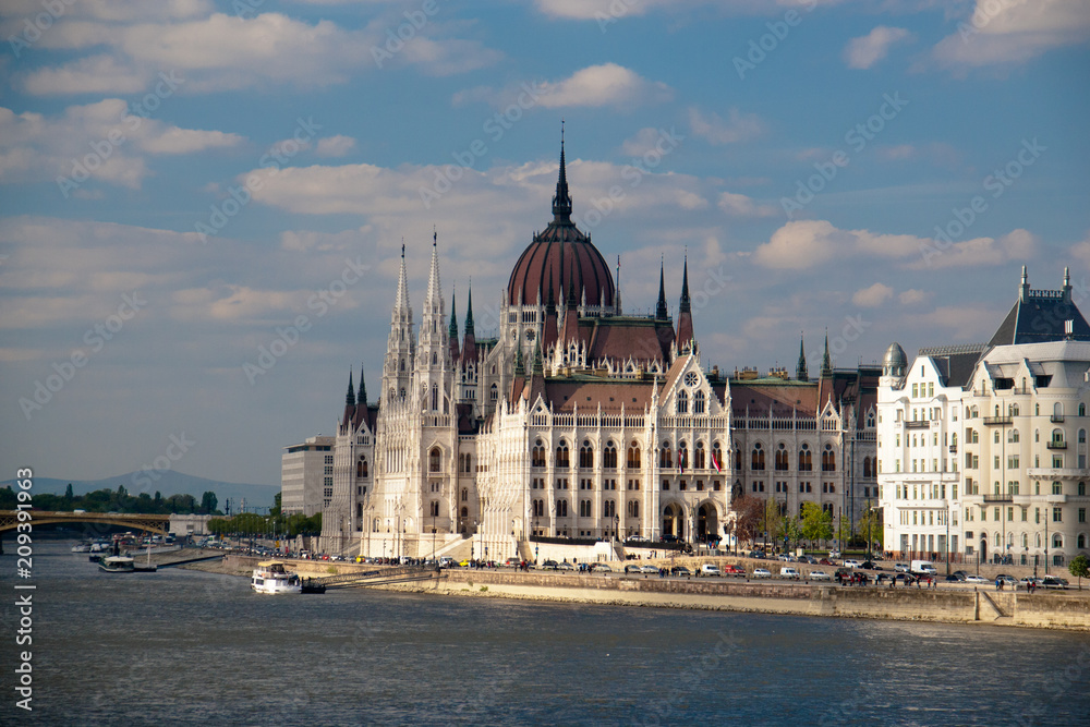 View of Hungarian parliament in sunny day, Budapest