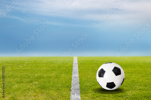 Fu  ball auf dem Rasen im Stadion mit blauem Himmel