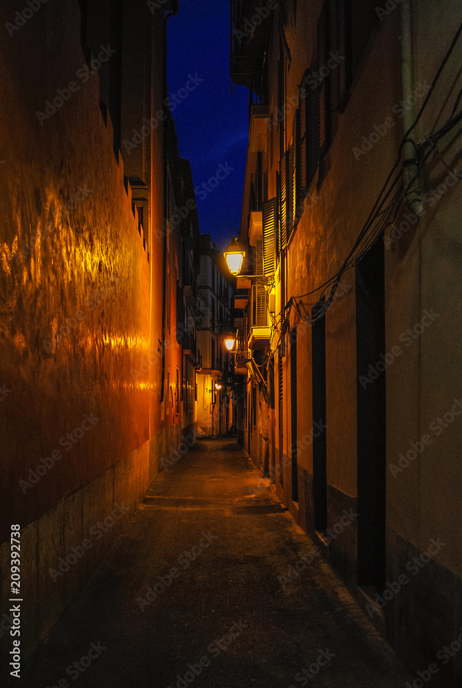 Night street. Narrow street. Dark street illuminated with street lamps. Stone pavement in the old town. Evening urban landscape. 
