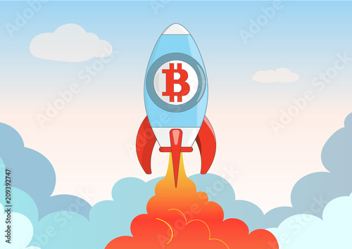 Cartoon bitcoin rocket, space ship soars into the sky and clouds