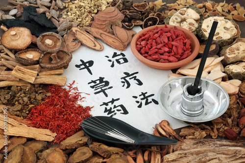Obraz na plátně Chinese acupuncture needles and moxa sticks used in moxibustion therapy with herbs used in herbal medicine and calligraphy script on rice paper