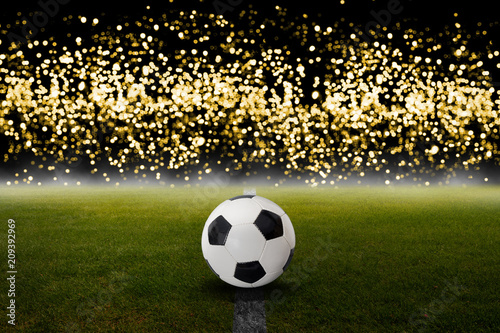 Fußball auf dem Rasen im Stadion vor hellen Lichtern © OFC Pictures