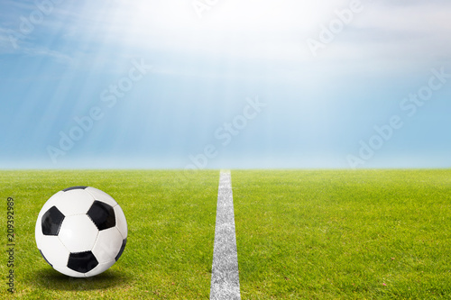 Fu  ball auf dem Rasen im Stadion bei blauem Himmel