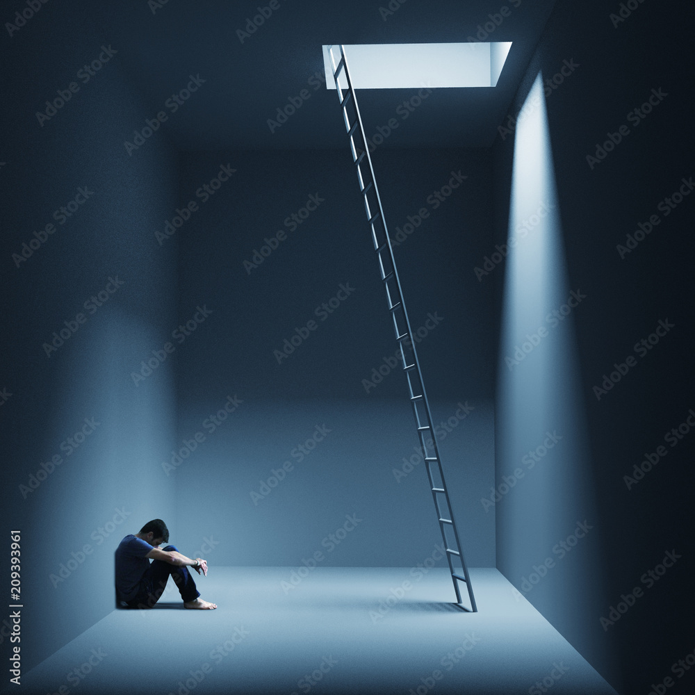 Ein Mann sitzt depressiv in einem Raum mit Leiter - obrazy, fototapety, plakaty 