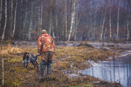 A process of hunting during hunting season, process of duck hunting, group of hunters and drathaar, german wirehaired pointer dog
