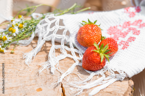 Fresh sweet strawberry isolated on bright sun . Sun is shining brightly. Green grass photo