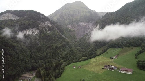 Aerial of Lungern Village. Shot captures village houses and Wilerhorn Mountain. photo