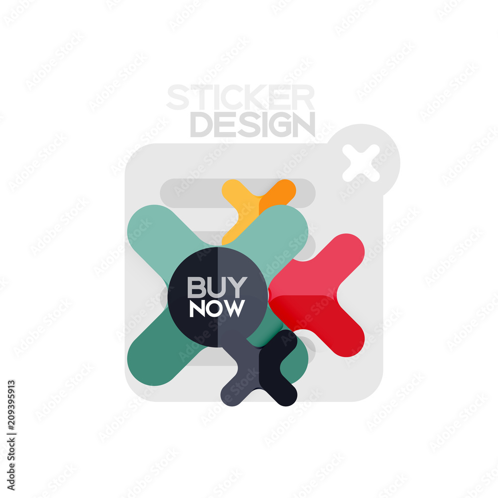 Flat design cross shape geometric sticker icon, paper style design with buy now sample text, for business or web presentation, app or interface buttons Flat design cross shape geometric sticker icon, paper style design with buy now sample text, for business or web presentation, app or interface buttons