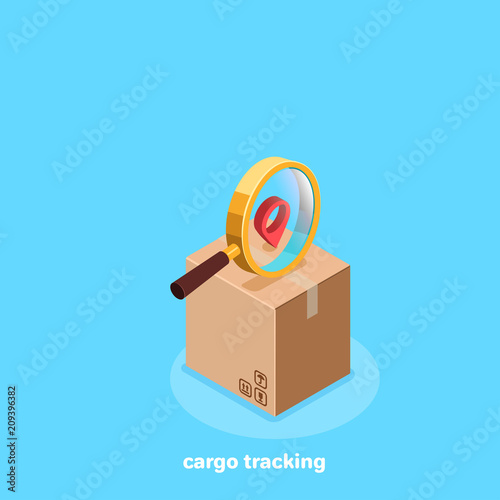 cardboard box on the magnifier and the sign of location, isometric image