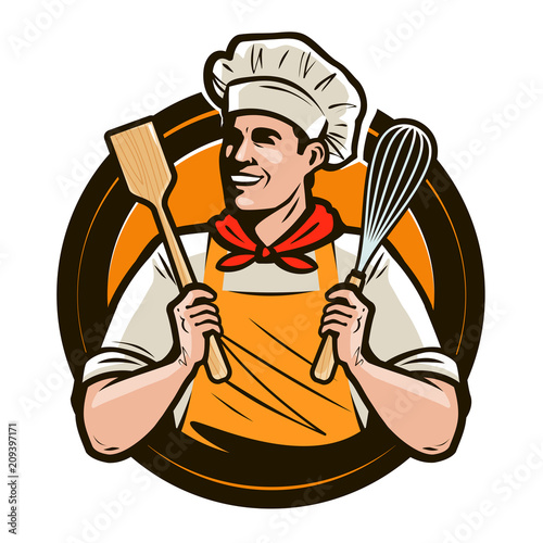 Bakery, bakeshop logo or label. Happy cook holds a shovel and a whisk in hands. Vector illustration