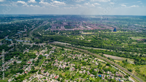 Aerial panoramic view of the industrial city of Krivoy Rog in Ukraine. © ronedya