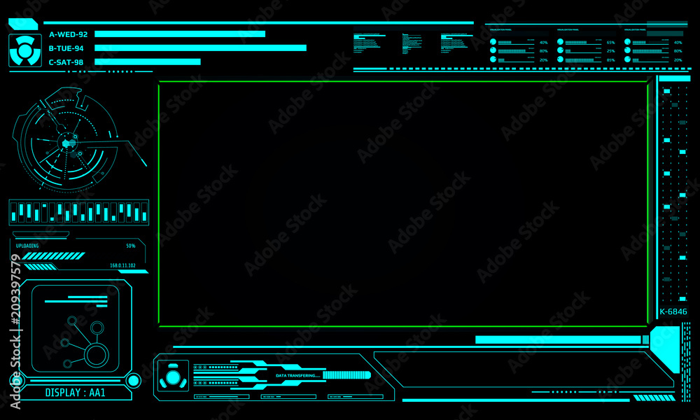 HUD Futuristic Elements Screen Information Vector. Green Frame Virtual Abstract Data Transfer Status Scifi Game User Concept Control Monitor Panel.
