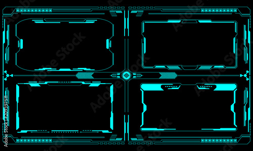 HUD Futuristic Elements 4 Screen User Interface Control Panel Vector. Green Abstract Game Target Monitor Illustration.
