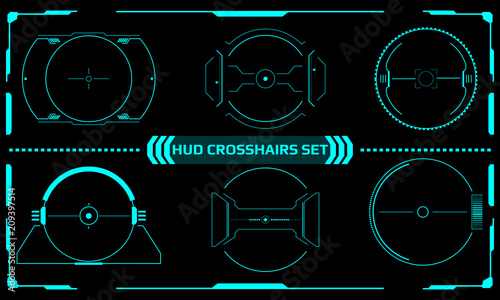 HUD Futuristic Elements Scanning Crosshairs Interface Control Panel Abstract Illustration. Hi Tech Scifi Green Mission Target Indicator Monitor Display Vector.