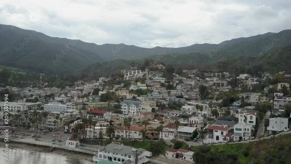 Aerial pull back shot of Avalon Bay in Santa Catalina Island, California Aerial pull back shot of Avalon Bay in Santa Catalina Island, California