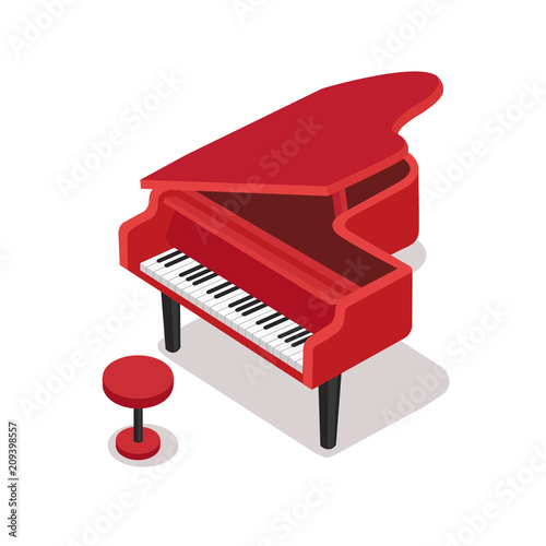 Red piano and red stool on white background. Classical piano musical instrument. Cute flat cartoon style. Vector illustration