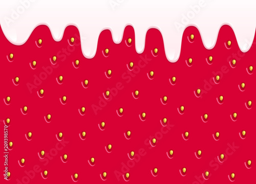 Red strawberry background with yogurt or cream drips flowing down. Vector illustration