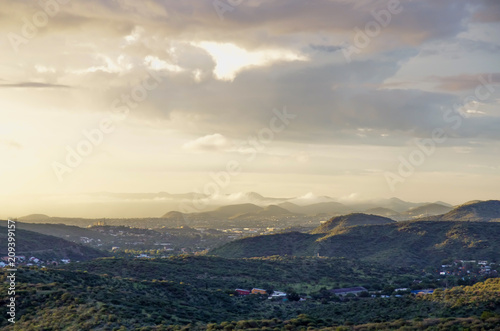 Panoramic view of Windhoek at sunset - Capital city of Namibia, Southern Africa