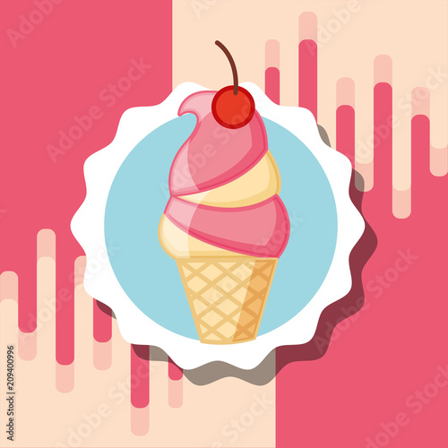 vanilla strawberry cone ice cream label design vector illustration