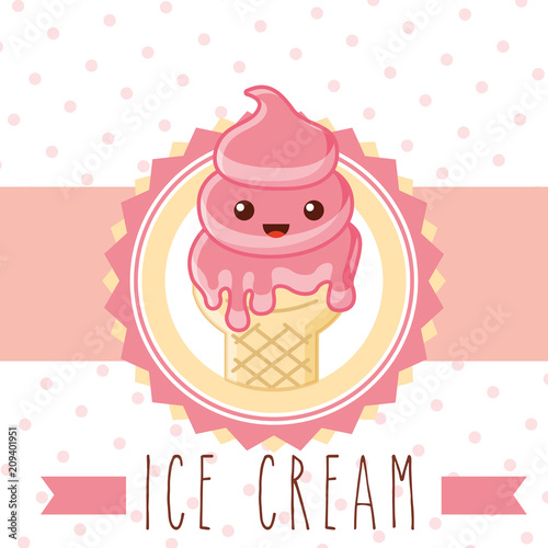 ices scream kawaii melted strawberry cone smiling vector illustration