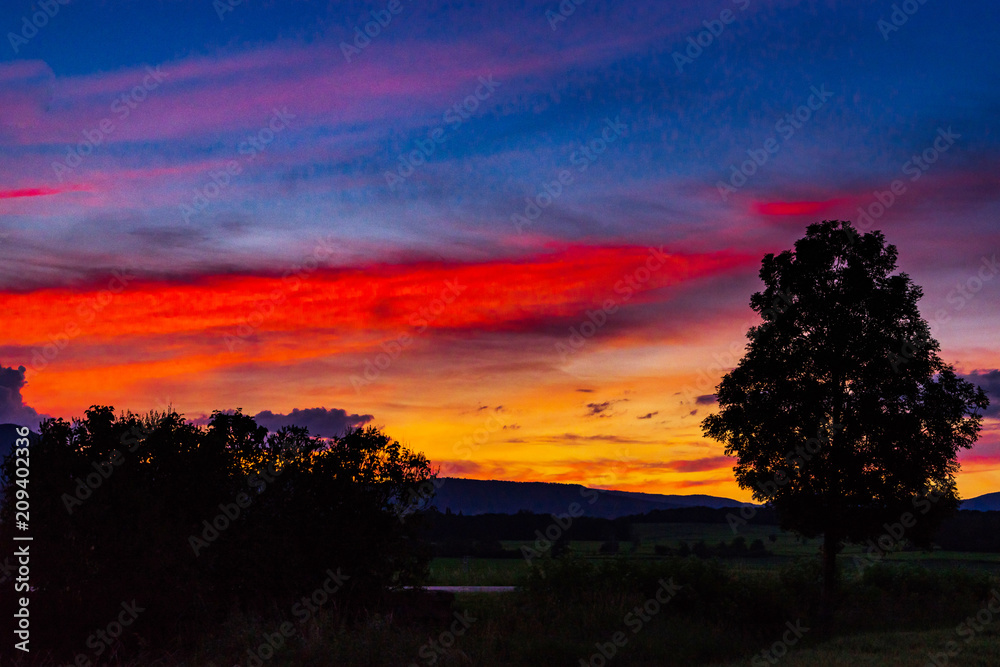 Majestic colorful sunset high resolution panoramic view, Alsace