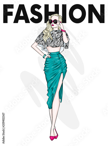 A beautiful, tall girl with long legs in a stylish skirt, glasses, blouse and in high heeled shoes. Fashionable look. Clothes and accessories. Vector illustration.