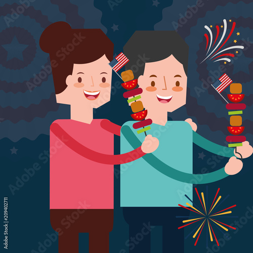 couple with kebabs and fireworks american independence day vector illustration