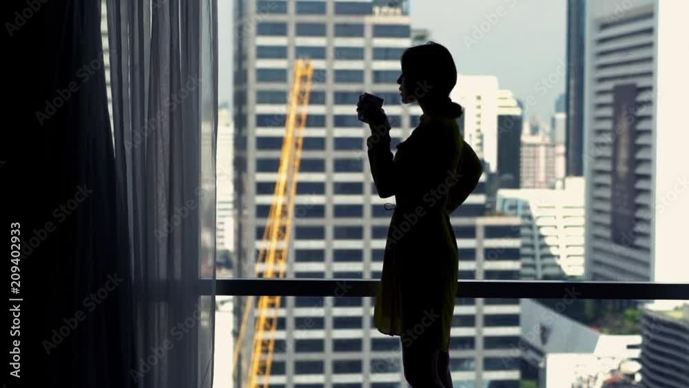 Young woman drinking tea and looking at the city from the window, super slow motion
Young woman drinking tea and looking at the city from the window, super slow motion