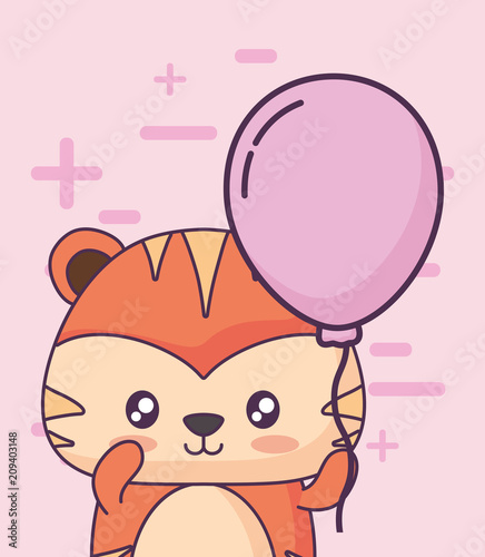 birthday card with cute tiger kawaii character vector illustration design