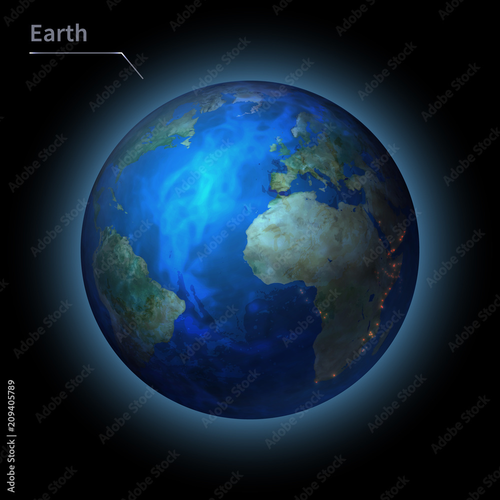 Earth realistic planet is isolated on the cosmic sky in the darkness of the galaxy. A vector illustration of astronomy and astrology